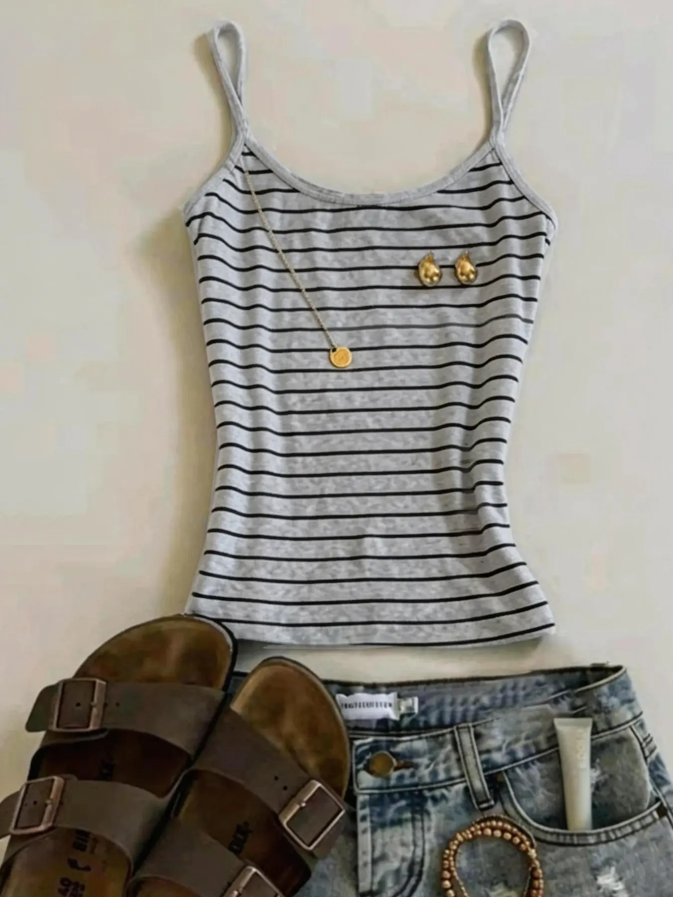 Summer Vintage Striped Thin Strap Spaghetti Strap Camisole Tank Tops, Slim Fit Knit Shirt, American Casual Hot Girl Style, Inner Wear Outerwear Sleeveless Tee, Womenswear