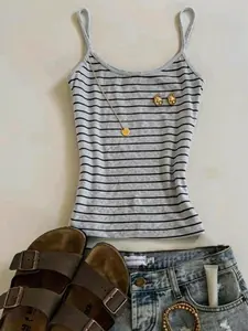Summer Vintage Striped Thin Strap Spaghetti Strap Tank Top, Slim Fit Knit Shirt, American Casual Hot Girl Style, Inner Wear Outerwear Sleeveless Tee, Womenswear