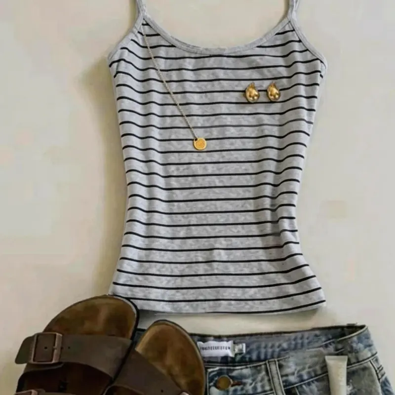 Summer Vintage Striped Thin Strap Spaghetti Strap Camisole Tank Tops, Slim Fit Knit Shirt, American Casual Hot Girl Style, Inner Wear Outerwear Sleeveless Tee, Womenswear