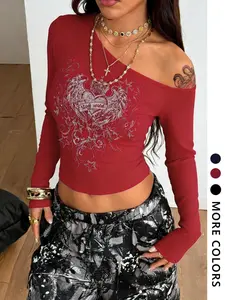 Women's Fall Winter Street Style Y2K Punk Rock Fitted Off-Shoulder Long Sleeve Top, Heart Wings Pattern, Casual Wear