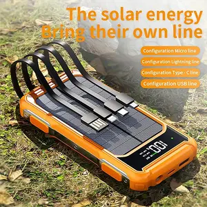 20000mAh Solar Power Bank Portable Phone Charger with Built-in 4 Cables, Solar Panel Charger External Battery Pack for Cell Phones Perfect for Camping, Hiking