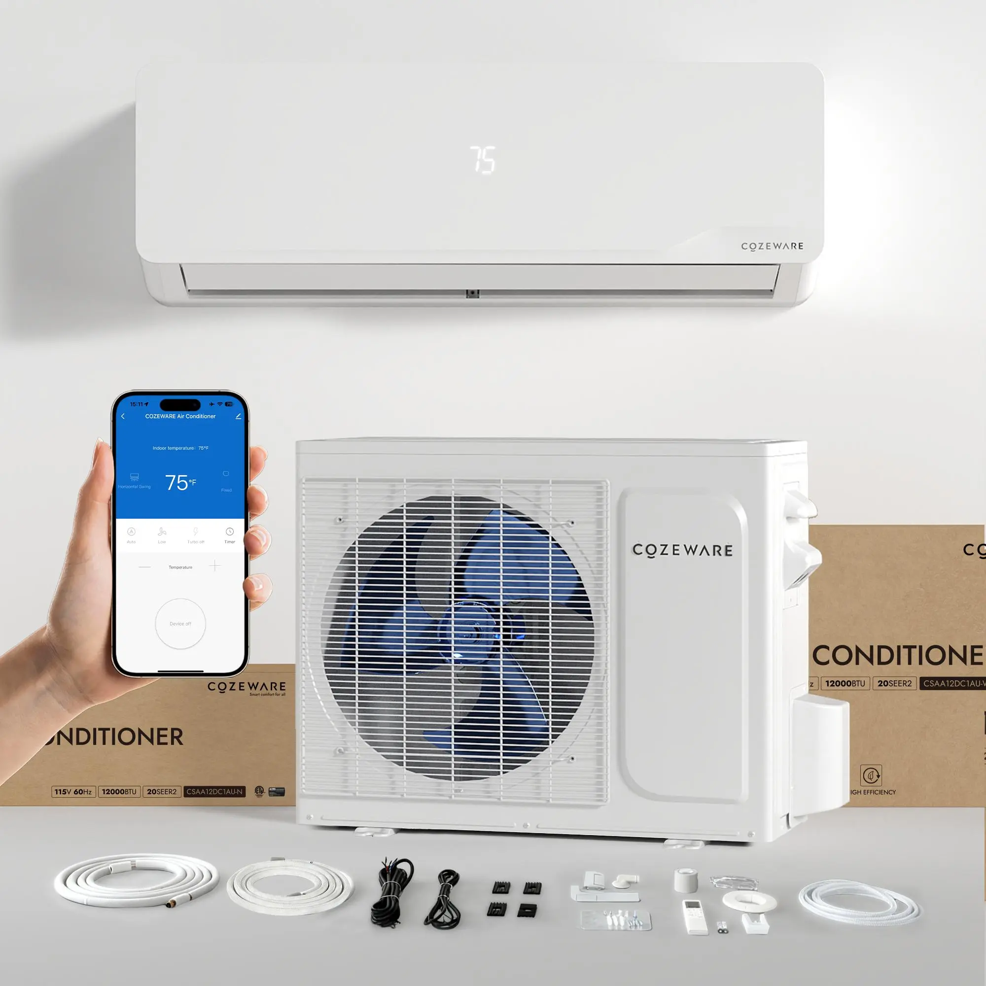Cozeware 12000 BTU 115V/230V Mini Split Air Conditioner Heat Pump, 20 SEER2 Inverter Mini Split, Compatible with Wifi and Alexa, Cools Up to 750 Sq.Ft for Living Room, Bedroom, Study, Loft, Garage