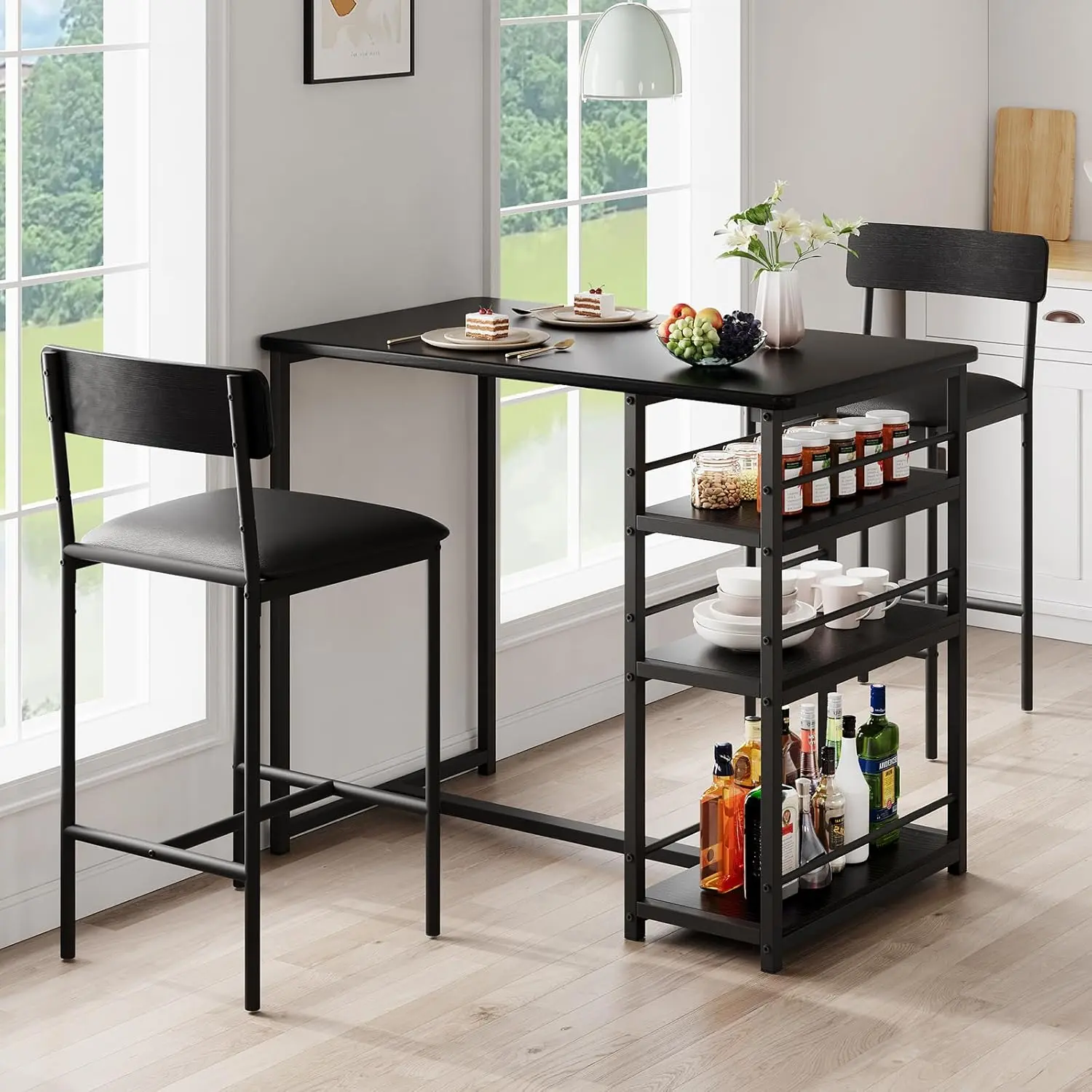 3 Piece Dining Table Set for 2 with 2 Upholstered Chairs, Rustic Pub/Bar Table Set + 3 Large Storage Shelves, Compact Kitchen Table for Small Spaces, Apartment, Breakfast Nook, Black Modern