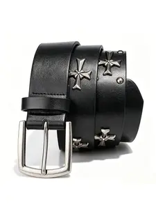 Unisex Rivet Belt, Y2K Style Metal Punk Rock, Faux Leather Material, Cross Rivet Design, Perfect for Jeans, Trendy Accessory
