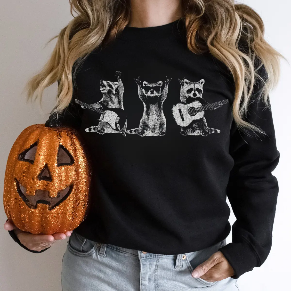 Raccoon Band Sweatshirt, Playing Guitar, Funny Animals Sweatshirt, Crew Neck, Crewneck, Soft Unisex Graphic Casual