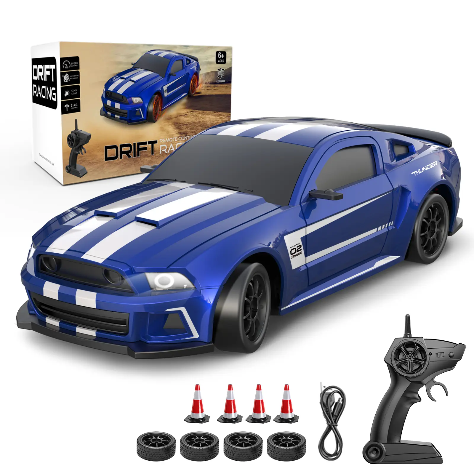 1:24 Scale Remote Control Drift Car - 2.4GHz 4WD RC Drift Car with LED Lights & Tires - Remote Control Racing Car, Perfect Birthday Gift for Kids