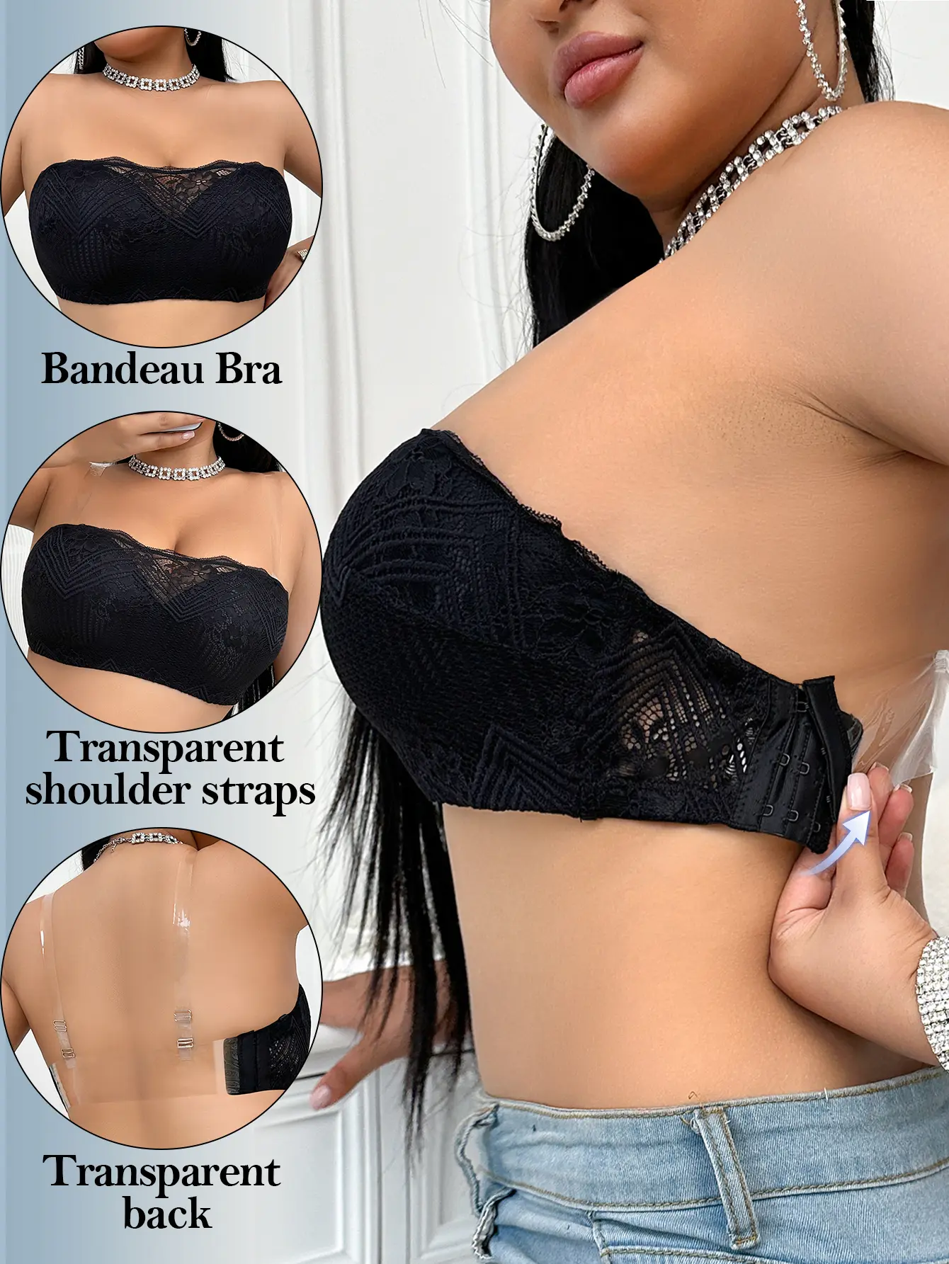 Mimilemon 2in1 Plus Size Women's Strapless Minimizer Bra Transparent Back Design Lace  Full Coverage  Non-Slip Bandeau Bra Black Wireless