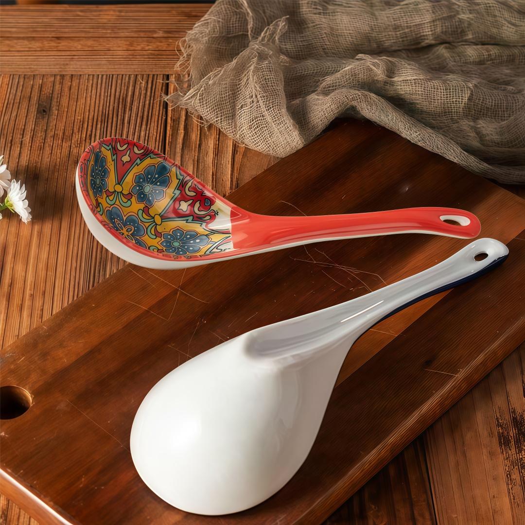nonstick cooking spoon，3-piece set of ceramic large soup spoons, Bohemian-patterned dinnerware set, suitable for cooking, kitchen dinnerware set, dishwasher safe, extra-large miso soup spoon, large soup ladle, ramen spoon Cutlery