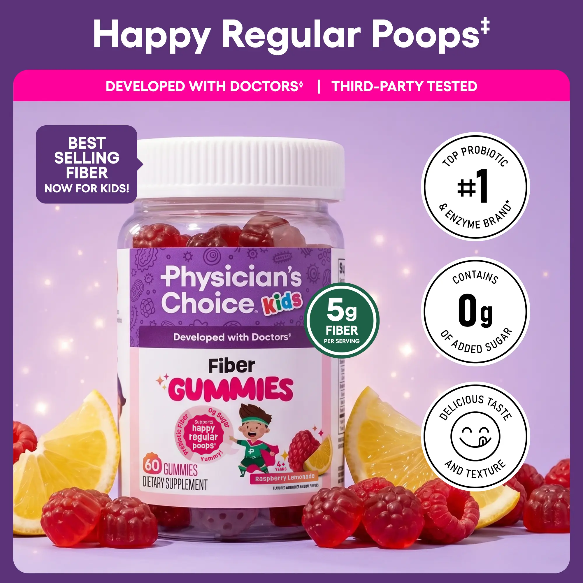 Physician's Choice Kids Fiber Gummies - 3g Prebiotic Fiber for Digestive Health & Regularity - Sugar Free, Vegan - Raspberry Lemonade Physician's Choice Kids Fiber Gummies - 3g Prebiotic Fiber for Digestive Health & Regularity - Sugar Free, Vegan - Raspberry Lemonade