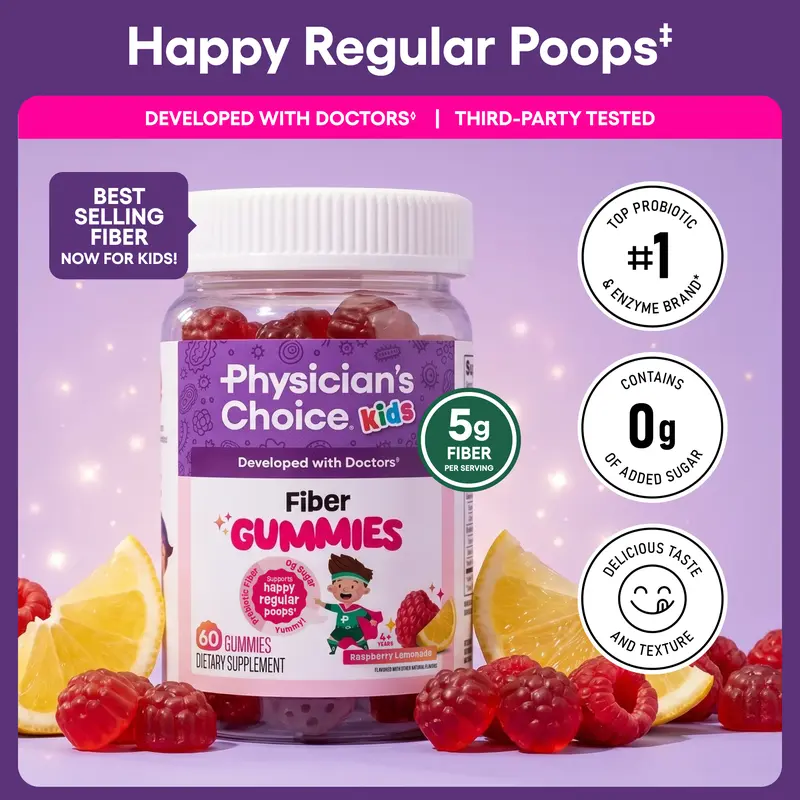 Physician's Choice Kids Fiber Gummies - 3g Prebiotic Fiber for Digestive Health & Regularity - Sugar Free, Vegan - Raspberry Lemonade