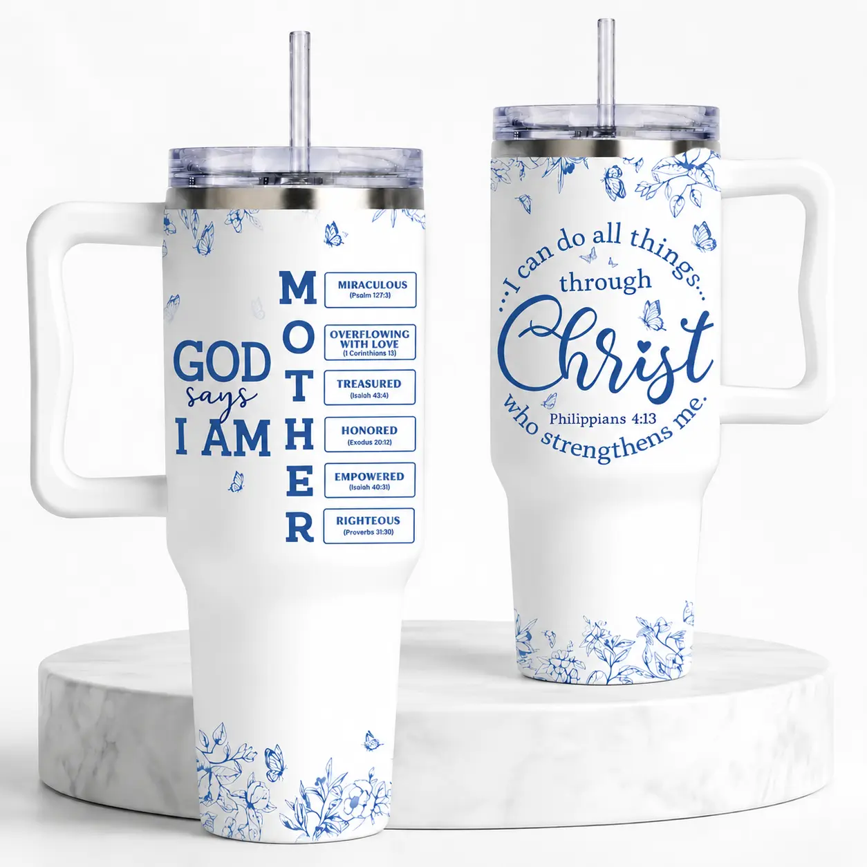 40oz Tumbler with Handle and Straw, Christian Insulated Stainless Steel Cup for Women, Bible Verse Faith Gift, 100% Leakproof Travel Mug Keeps Ice 24+ Hours