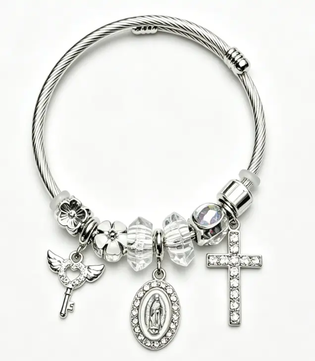 Silver Faith-Themed Charm Bracelet with Angel Key, Virgin Mary Medallion and Cross Pendant