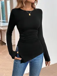 Women's Solid Color Tee, Elegant Long Sleeve T-shirt for Daily Wear, Ladies Clothes for All Seasons