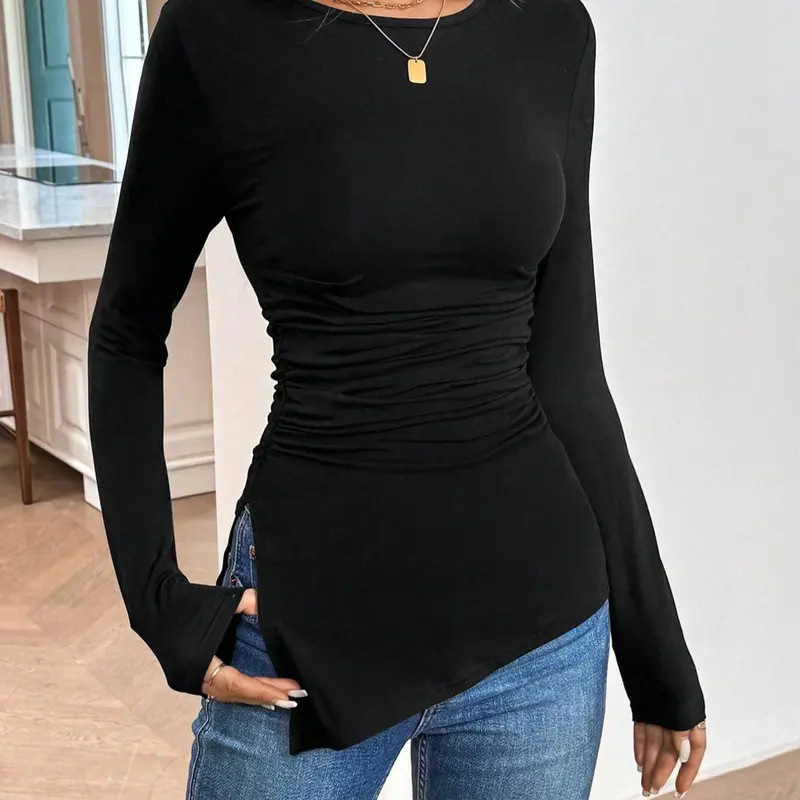 Women's Solid Color Tee, Elegant Pleated Long Sleeve T-shirt Top Fit for Daily Wear, Ladies Clothes for All Seasons, Crewneck Fitted Tee