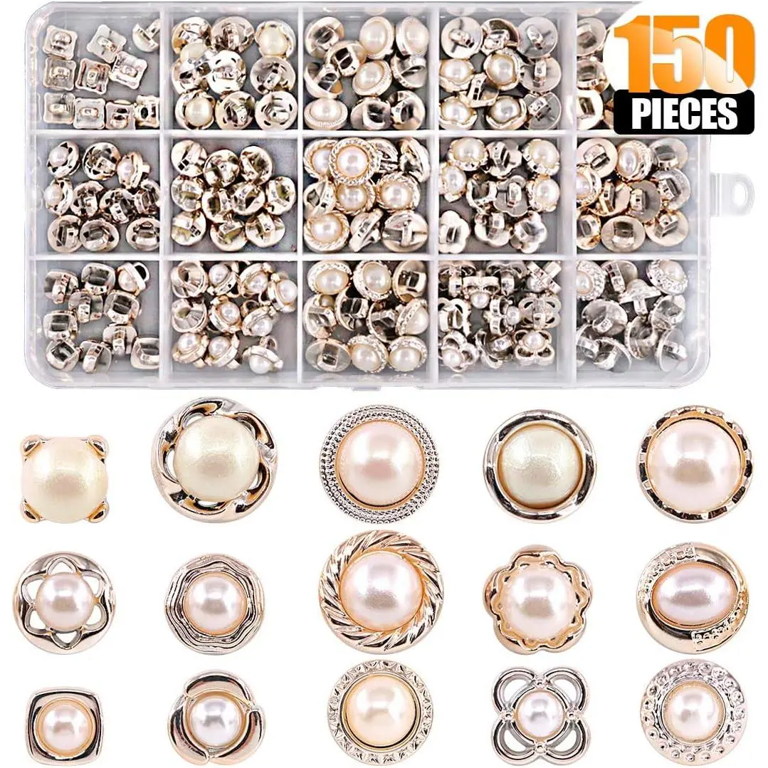 150 Piece Assorted Pearl Buttons Resin White Pearl Shank Button 8mm 10mm 11mm Vintage Sewing Button Come with Storage Case for Crafts, Clothes, Wedding Dress and DIY Project