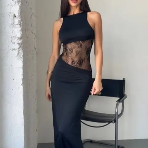 Women's Aesthetic Sleeveless Straight-Shoulder Elegant Lace See-Through Slim-Fitting Bodycon Maxi Tank Dress - Comfortable, Lady Style, Summer Casual, Birthday Outfits