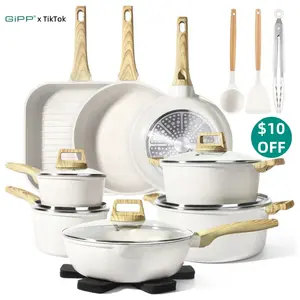 GiPP 21 Psc Pots and Pans Set Non Stick - White/Grey Granite Kitchen Cookware Sets Nonstick Induction Cookware Non-toxic Cooking Pan Set with Silicone Utensils, PFOS and PFOA Free,SpringTok,TikTok Shop Deal