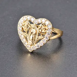 Guadalupe Design Heart Ring with Sparkling Zircon Stones – Holiday Gift, Fashion Accessory Adjustable for Every Occasion and Everyday Style