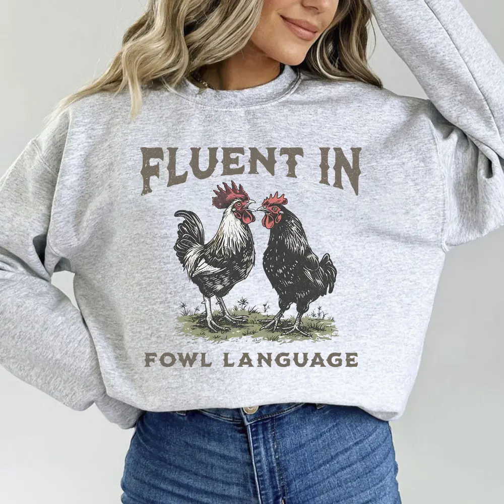Women's Casual Long Sleeve Cotton-Polyester Retro "Fluent In Fowl Language" Funny Chicken Hoodie, Unisex Gift For Farmer Dad