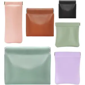 6 Pcs Small Makeup Bag for Purse, Snap Closure Organizer Pouch, Portable No Zipper Self-Closing Pouches, Handheld Cosmetic Pouch for Travel Storage Bag Mini Pu Leather Pouches For Cosmetics Headphones Jewelry (Mix colors)