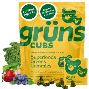 NEW! Gruns Multivitamin for Kids, Super Greens Gummies, Superfood Gummy Bears with 20+ Vitamins & Minerals, Spirulina, Chlorella, Prebiotics Fiber for Digestive Health, Adaptogens Supplement, 28 day Supply