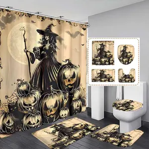 Halloween Witch & Pumpkin Shower Curtain Set, Includes Hooks, Bath Mat, Toilet Lid Cover, U-Shaped Pad, Ideal Gift for Home Decor