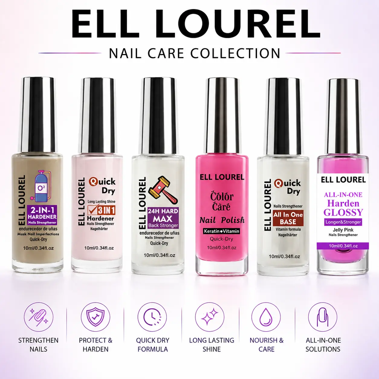 ELL LOUREL Nail Care Collection, Multi‑Function Nail Strengthener Hardener Base Coat Nail Polish, Quick Dry Keratin Vitamin Nail Treatment, 10ml Single Bottle, Multiple Nail Care Options for Weak Brittle Nails DIY Manicure