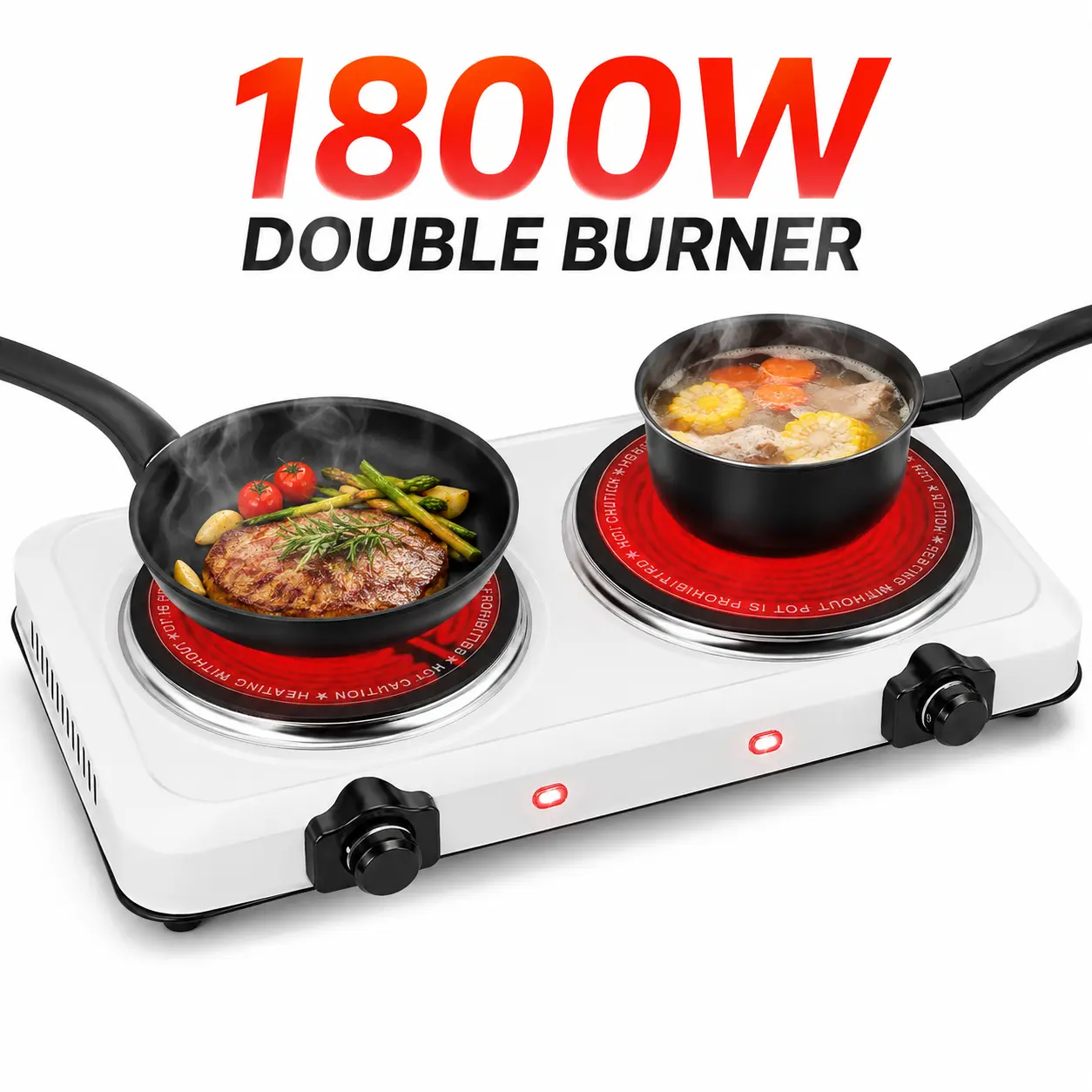 1800W Infrared Double Burner Portable Electric Cooktop - Compact Portable Stove, 7.5in & 6.3in Glass Cooktop Plates, Stepless Temp Adjustment, Countertop Hot Plate for Home Users, RV Camping
