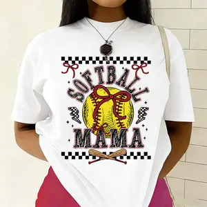 "Softball Mama" Checkered T-Shirt, Red Bow Softball Tee