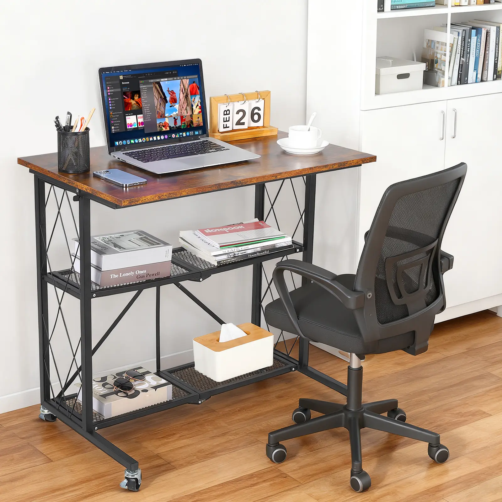 31.5 in Rectangular Pre-Assembled Freestanding Iron Frame Gaming Table - 3-Tier Foldable 4-Wheeled Desk, Durable Compact Setup, 360° Swivel Adjustable, Large Capacity Shelving, Space-Saving Home Office PC Stand