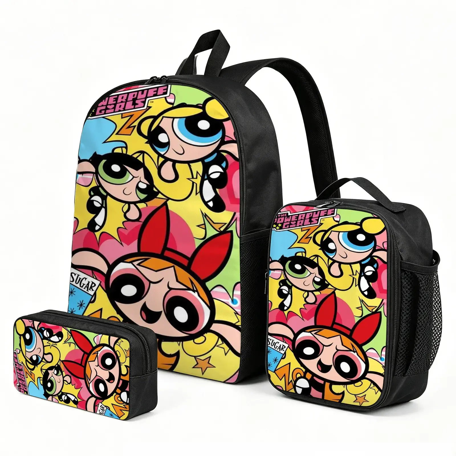 The-Powerpuff-Girls Lightweight School Backpack with Matching Lunch Pouch | Print Daypack | 3pcs Travel & Stationery Bag Set for Girls & Kids