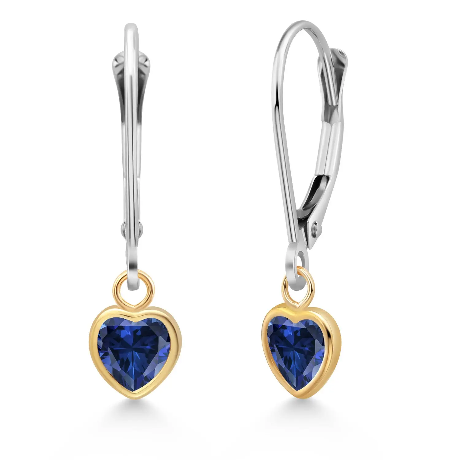 1.00 Cttw Blue Created Sapphire Drop Dangle Earrings For Women | 925 Sterling Silver and 14K Yellow Gold | Heart Shape 5MM