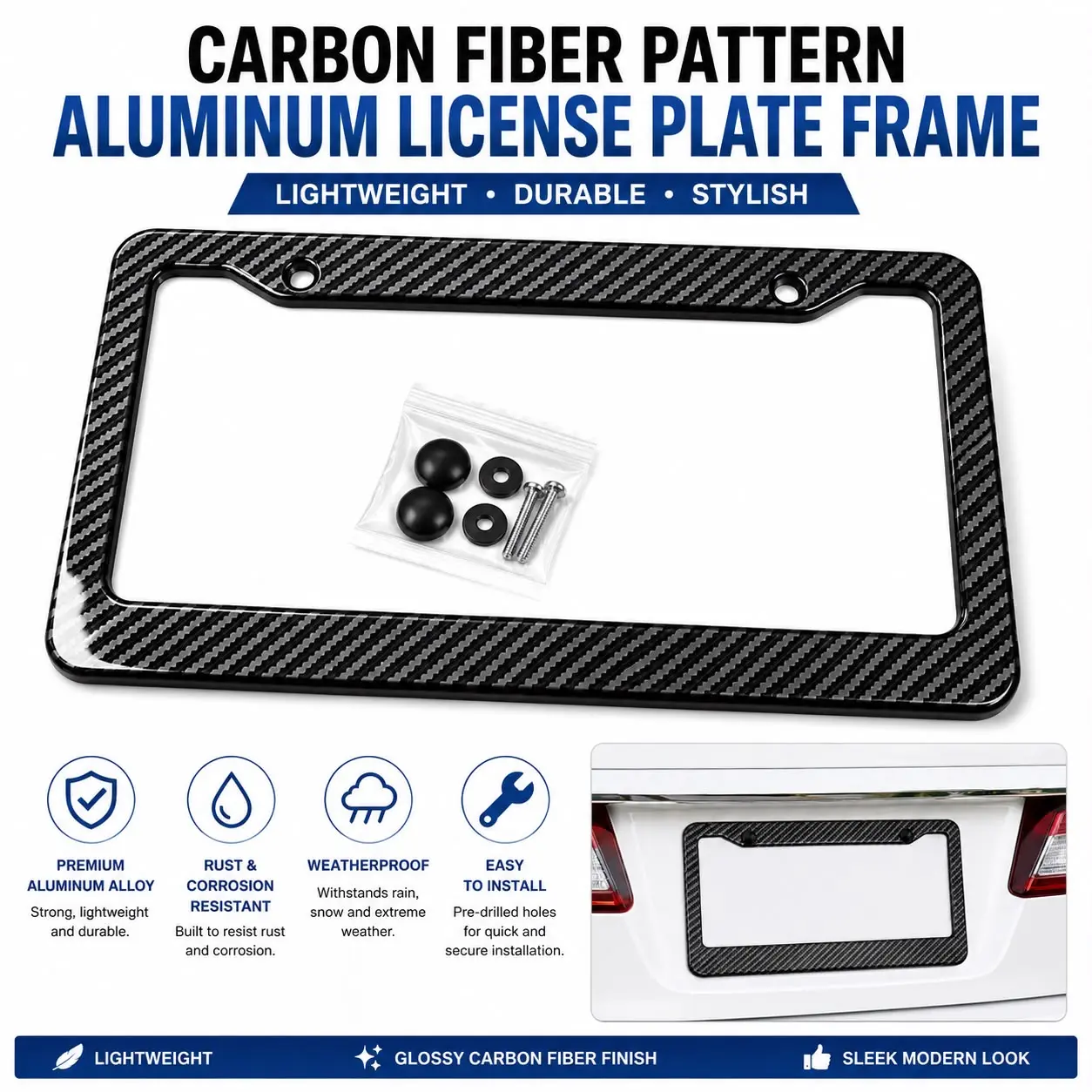 Carbon Fiber Pattern Aluminum License Plate Frame, Universal Fit for Standard US License Plates