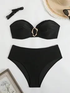 【Plus Size】 Solid Color Bikini Set, Casual Fashion Removable Strap Swim Top & Swim Bottom Two-piece Swimsuit for Beach Holiday Vacation, Women's Swimwear for All Seasons, Bikini Swimsuits, Plain Bikini Set