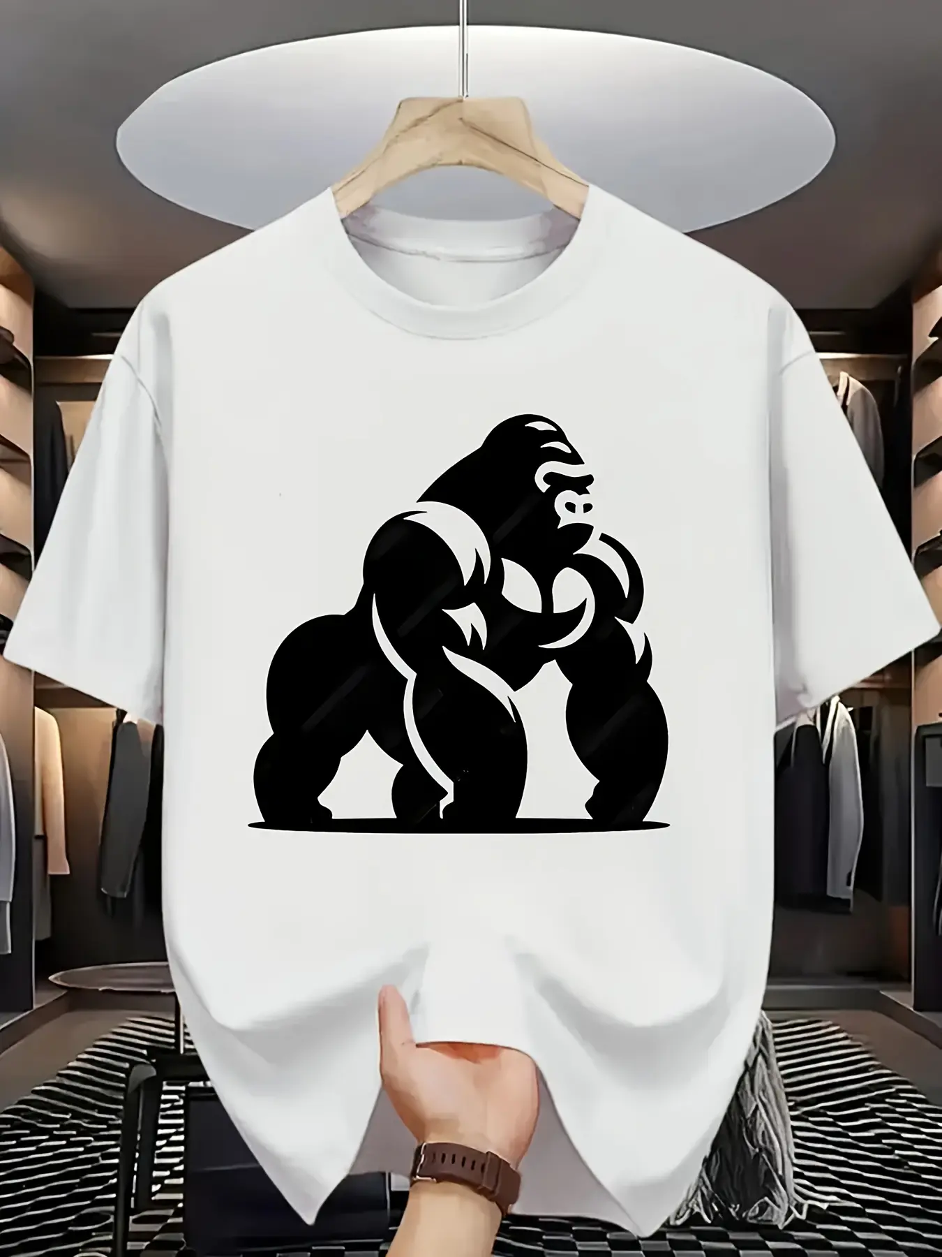 's White Gorilla Print T-Shirt - Large Gorilla Silhouette & Chest Logo Design, Casual Round Neck Short Sleeve Summer Tee with Male Gorilla Graphic, Machine Washable for Gym & Casual Attire ( Animal Theme)