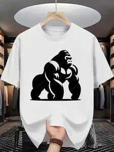 's White Gorilla Print T-Shirt - Large Gorilla Silhouette & Chest Logo Design, Casual Round Neck Short Sleeve Summer Tee with Male Gorilla Graphic, Machine Washable for Gym & Casual Attire ( Animal Theme)