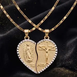 Couples Split Heart Necklace Set,  Virgin Mary & Jesus Cross Pendant, Matching Faith Jewelry for Him Her Adjustable Rate Bracelet men's