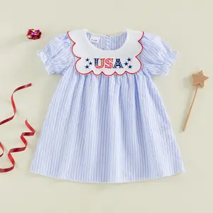 Toddler Girl 4th of July Dress Puff Sleeve Round Neck Striped Letter Star Embroidery Patriotic Independence Day Sundress summervibes