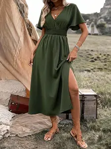 Elegant Olive V-Neck Flare Sleeve Dress, Elastic Waist & Side Slit, Slimming Body Shape, Casual Vacation for Women, Boho Fashion Dress