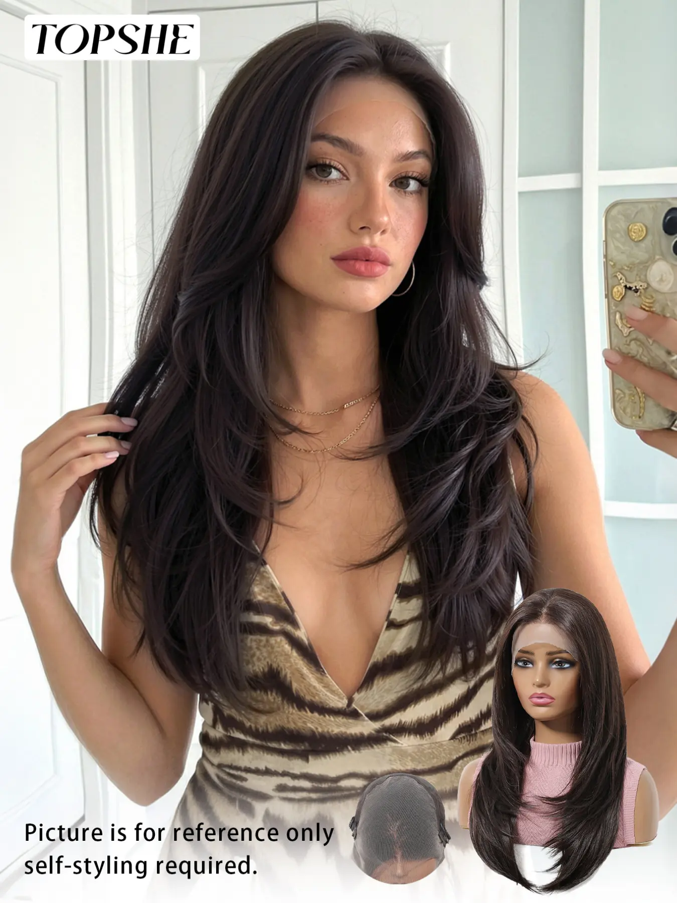 Topshe 13x6 Lace Deep Layered Straight Wig, Realistic Scalp, Easy to Style, Breathable, Daily Use, All Seasons, Straight Synthetic Wigs, Daily Wear Wig