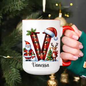 Personalized Christmas Mug With Name, Custom Alphabet Hot Chocolate Cup, Christmas Coffee Mug, Gift For Kids, Holiday Monogram Cup For Family, 11 15oz Ceramic Cup