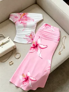 French Lily Print Cami Fish Tail Set for Women, One-Shoulder Waist-Cinch Top + High-Waisted Pleated Skirt Two-Piece Set, Elegant Plain Style