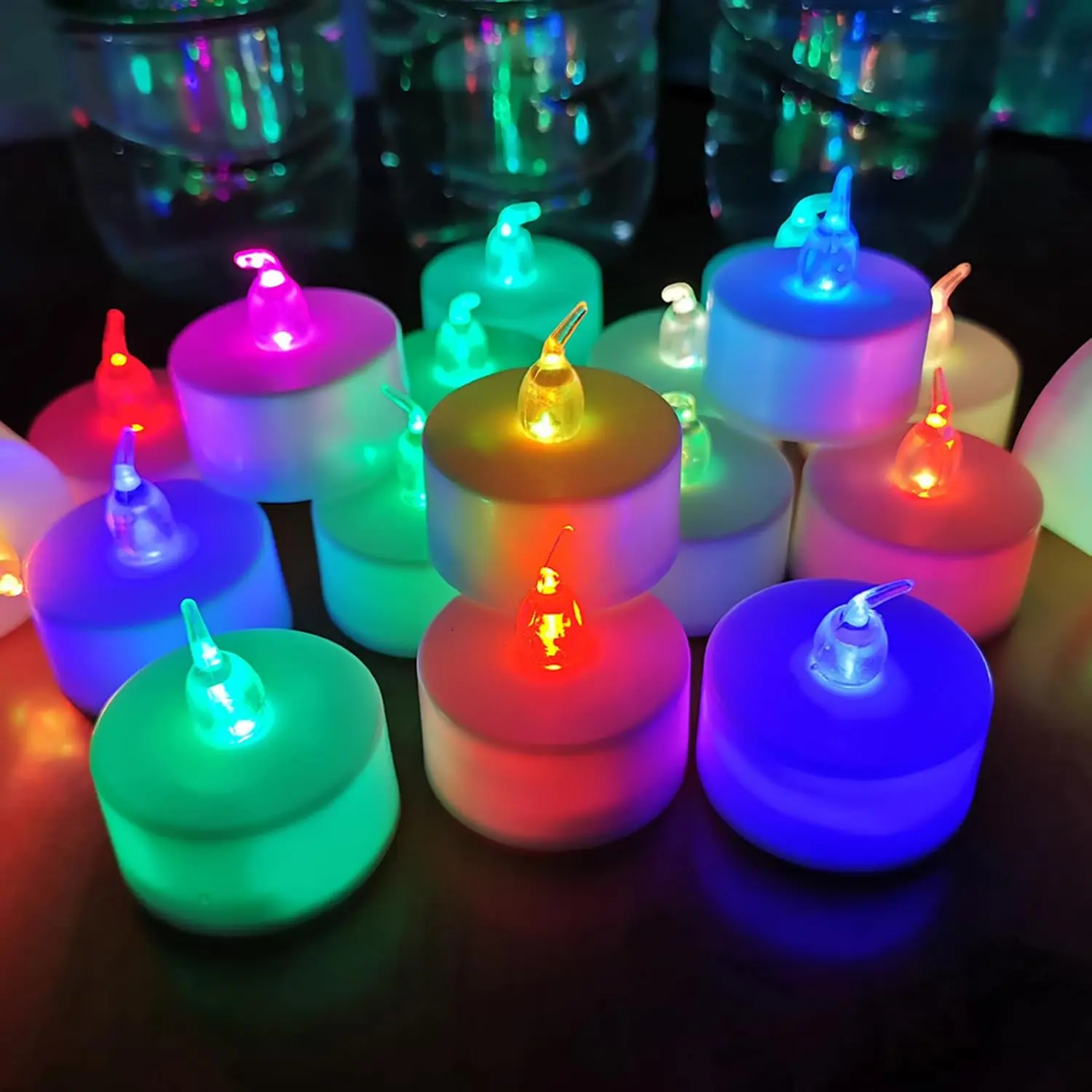 24 LED Tealight Candles - 1.4-Inch Diameter & Height Round Flameless Battery-Operated Long-Lasting Lights, 7 Color-Changing Modes with White Light, for Wedding, Dating, Christmas Decor (Multi-Color)