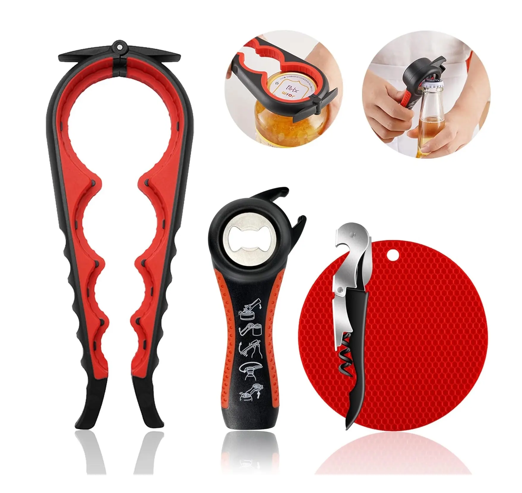 Jar Opener Set, 6-in-1 Adjustable Jar Opener Can Opener, 4-in-1 Bottle Opener Lid Opener & Rubber Jar Gripper, Multifunctional Kitchen Gadget for Seniors, Arthritis & Weak Hands