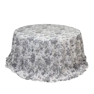 Polyester 132" Round Tablecloth White - Black French Toile Pattern for Chic Weddings
