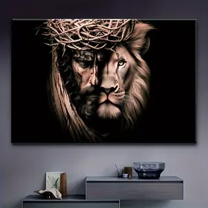 [2D Flat] 1pc and Lion Canvas Painting - Religious Christian Wall Decor with Crown of Thorns, Ready-to-HangFrameless Poster   for Home, Office, Church - Modern Christian Decoration, Easter or Wedding Gift - Symbolic Christ & Lion
