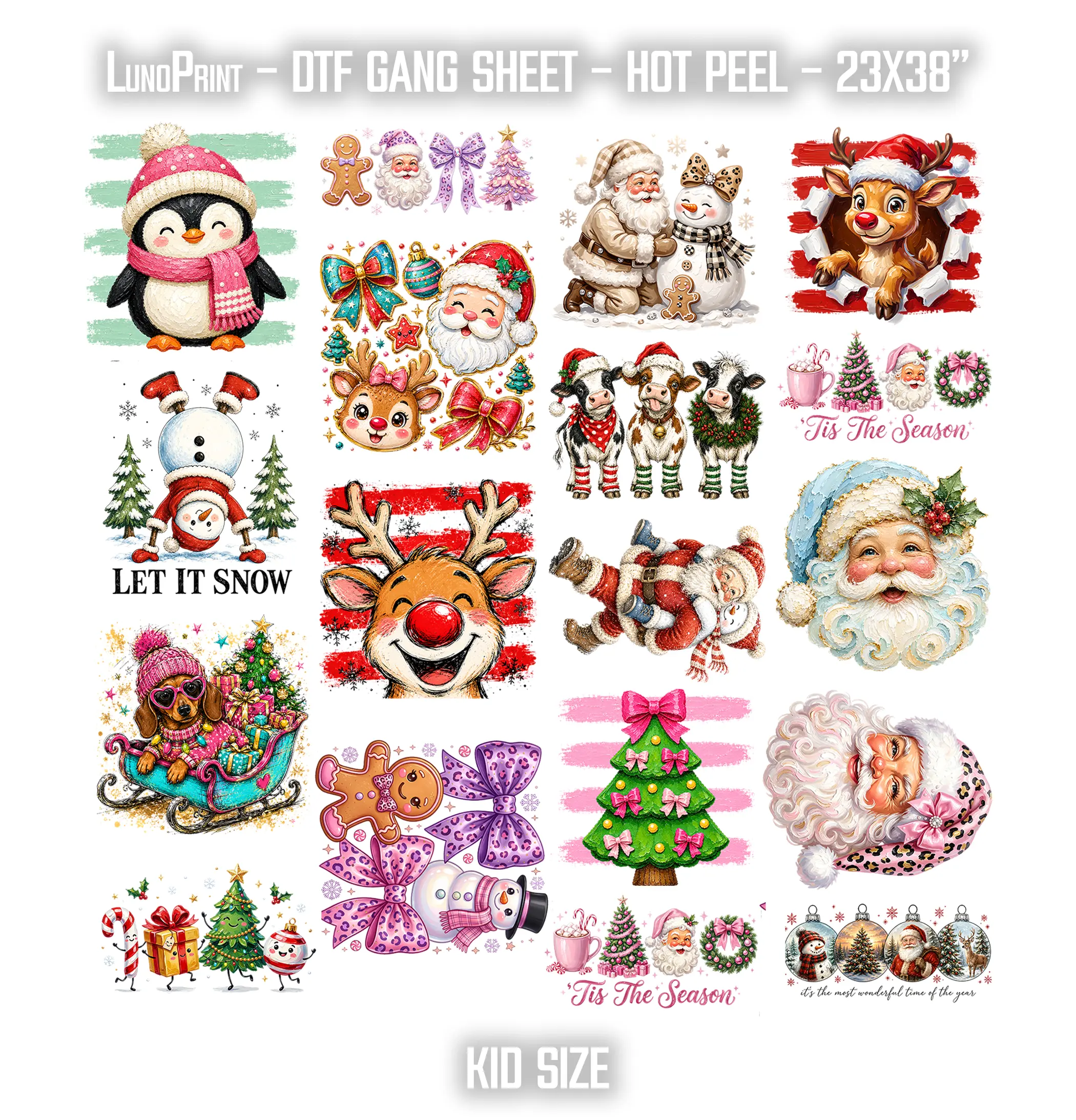 Christmas DTF Gang Sheet for Kids. 23x38.5 in. Santa Ready-to-press Heat transfers