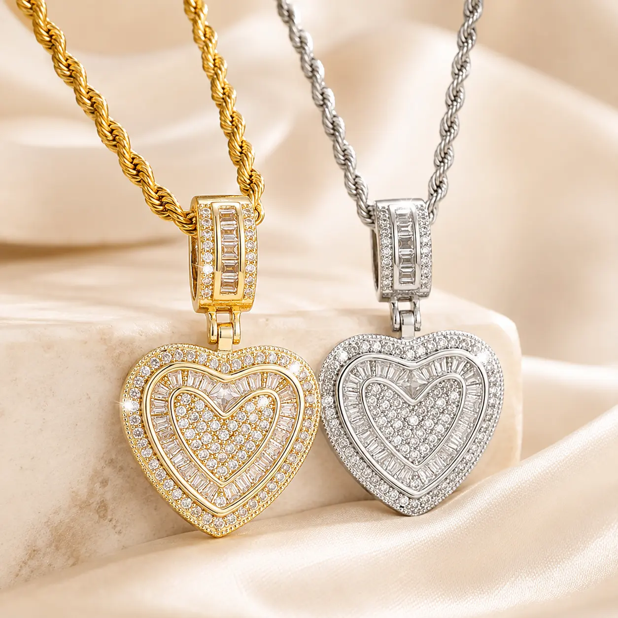 YLNWH Iced Out Heart Pendant Necklace for Women Men, Sparkling CZ Rhinestone Love Heart Necklace with Rope Chain, Gold Tone & Silver Tone Hip Hop Jewelry, Fashion Statement Necklace Gift