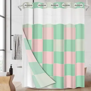 1pc hookless shower curtain with buckle lining, pink, green and white checkerboard design, 2D flat printing, waterproof fabric lining, see-through double-layer shower curtain, 71 x 74 inches, modern home draping curtain.
