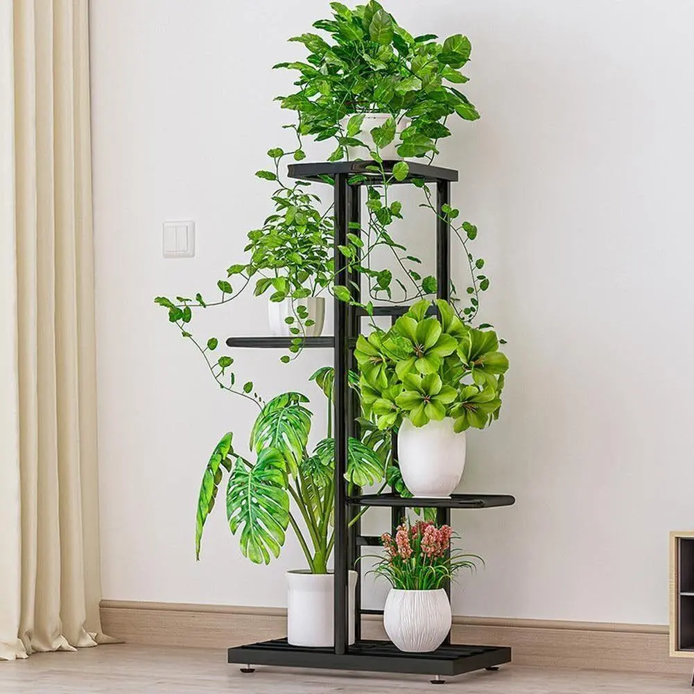 Metal plant stand 4 levels for 5 flower pots, flower shelf indoor & balcony, stable flower stand iron, modern plant shelf for living room kitchen garden terrace, space-saving decorative shelf